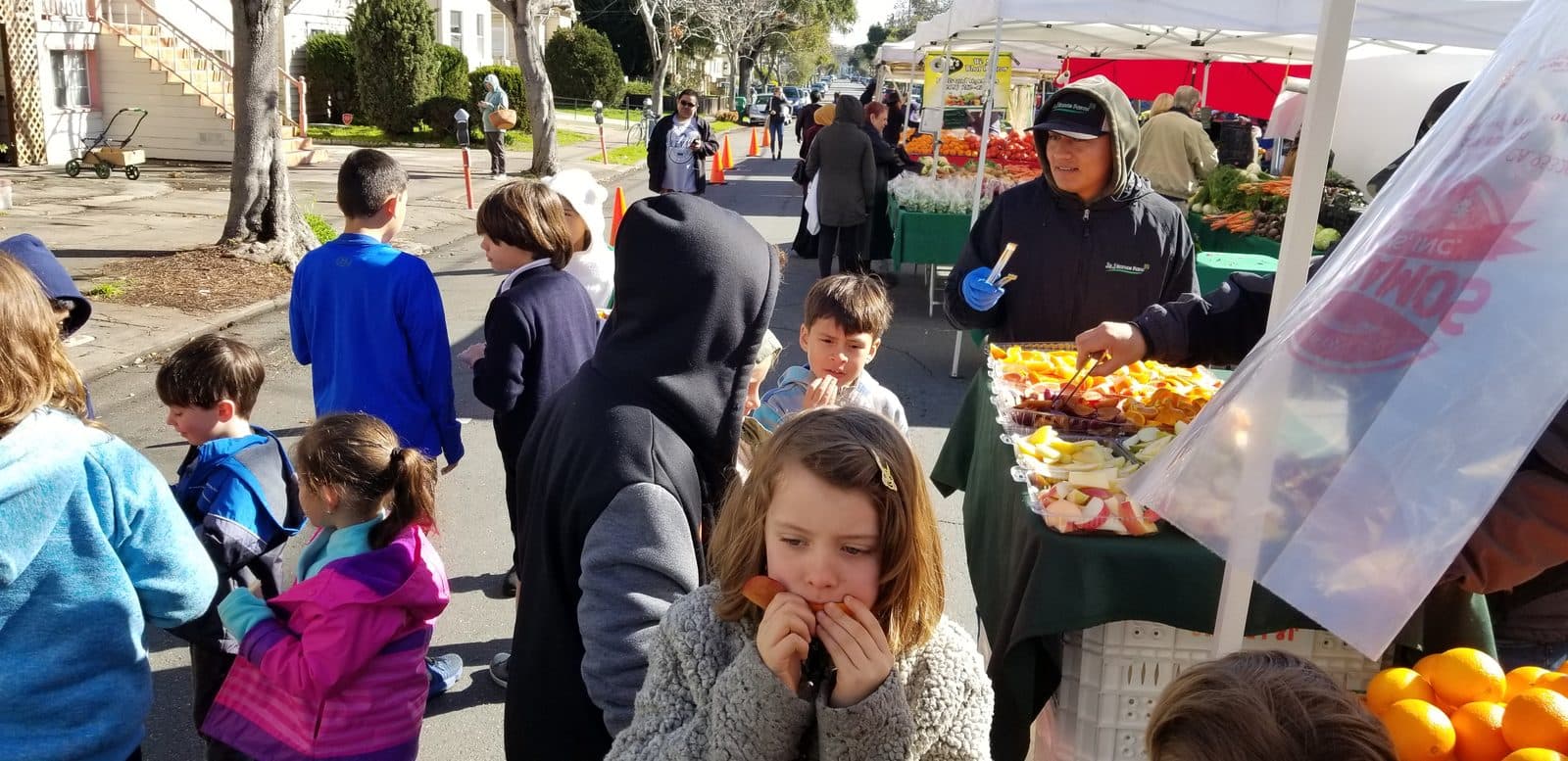Students learning about food systems at the Alameda farmers market